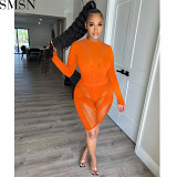 Two Piece Outfit Women fashion mesh see through round neck pants long sleeve two piece set