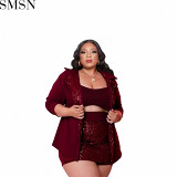 3 Piece Set Women Amazon autumn new large size pure color sequins three piece fashion culottes suit