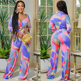 Sets For Women Two Pieces fashion women irregular pattern long sleeve trousers V neck two piece suit
