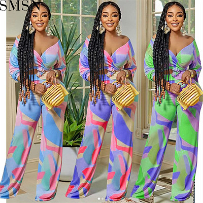 Sets For Women Two Pieces fashion women irregular pattern long sleeve trousers V neck two piece suit