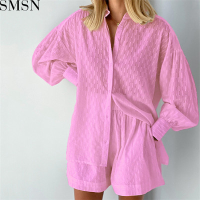 Sets For Women Two Pieces 2022 summer shirt jacquard puff sleeve elegant top shorts casual suit