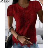 Amazon 2022 summer new women clothing new lace shirt short sleeve top