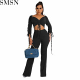 Two Piece Outfits 2022 autumn and winter thread pleating sexy short top and trousers two piece set