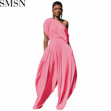 2 Piece Set Women casual solid color cotton shoulder harem pants suit two piece set