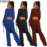 Two Piece Outfits 2022 autumn and winter thread pleating sexy short top and trousers two piece set