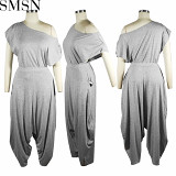 2 Piece Set Women casual solid color cotton shoulder harem pants suit two piece set
