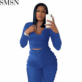 Two Piece Set Women Clothing Fall Winter Fashion U neck long sleeved trousers pleating casual suit