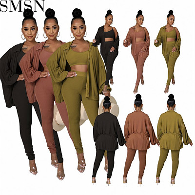 3 Piece Outfits solid color high elastic sunken stripe oversleeves coat single buckle three piece suit