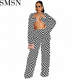 3 Piece Outfits Amazon hot autumn pleated printed cardigan trousers long sleeve three piece set