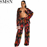 3 Piece Outfits Amazon hot autumn pleated printed cardigan trousers long sleeve three piece set