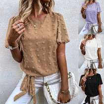 2022 Summer New Fashion Embroidered Chiffon Top Amazon Fashion Jacquard Chiffon Short Sleeve Shirt Tie Top Women