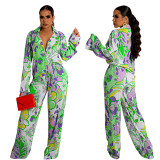 Two piece set women clothing European and American crumpled printing loose leisure suit