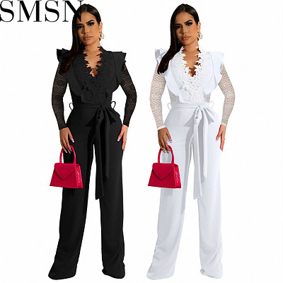 One Piece Jumpsuit Amazon Fashion Sexy Business Slim Fit V neck Lace See through Type Jumpsuit