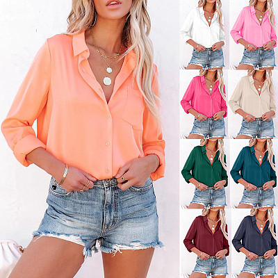 Satin Silk Solid Color Long Sleeve V Neck Office Leisure Shirt Women Summer Autumn Tops