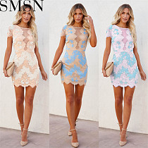 Plus Size Dress Amazon 2022 spring and summer new round neck lace mesh patchwork elegant dress