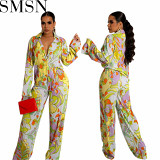 Two piece set women clothing European and American crumpled printing loose leisure suit