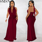 Plus Size Dress fashion V neck backless ribbon pleated solid color dress for women