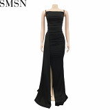 Plus Size Dress European and American sling solid color side drag side open dress for women