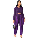 Two piece outfits autumn and winter New rib fabric tassel trousers casual two piece suit