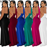 Plus Size Dress fashion V neck backless ribbon pleated solid color dress for women
