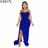 Plus Size Dress European and American sling solid color side drag side open dress for women