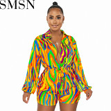 Sexy women jumpsuits Amazon new fall winter fashion printed shirt collar casual jumpsuit