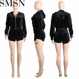 Two piece set women clothing 2022 Fall Winter hooded velvet ruffled shorts irregular casual suit