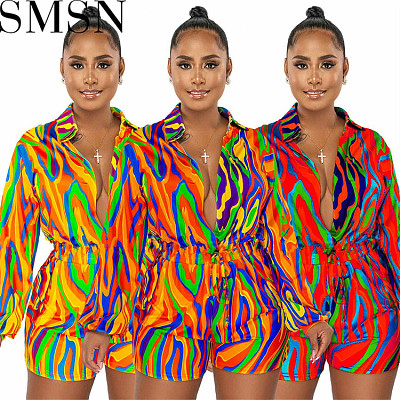 Sexy women jumpsuits Amazon new fall winter fashion printed shirt collar casual jumpsuit