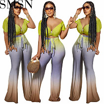 Two piece set women clothing fashion simple gradient color V neck short sleeve trousers two piece set