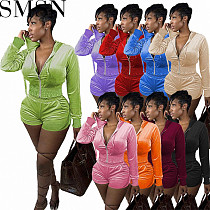 Two piece set women clothing 2022 Fall Winter hooded velvet ruffled shorts irregular casual suit