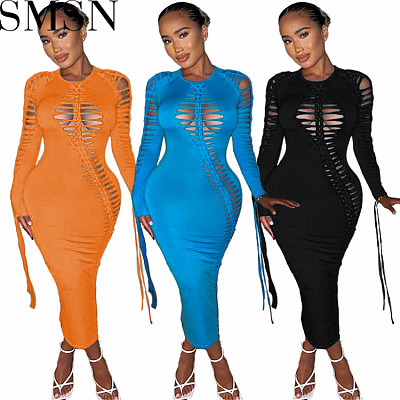 Plus Size Dress Amazon new crew neck personality burnt out woven long sleeved lace up sexy dress