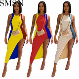Plus Size Dress fashion casual sexy color block sleeveless irregular long dress