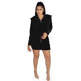 2 piece set women 2022 autumn and winter zipper hooded velvet ruffled design short mid length dress set