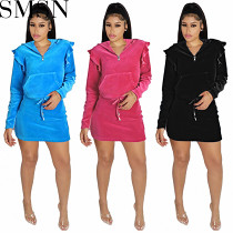2 piece set women 2022 autumn and winter zipper hooded velvet ruffled design short mid length dress set