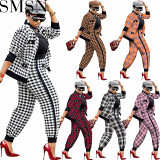 Two piece outfits fashion casual printing suit printed button coat trousers two piece set