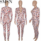 Sexy women jumpsuits mesh see through butterfly print long sleeve zipper skinny jumpsuit women