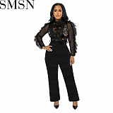 Romper jumpsuit Autumn and Winter Eyelash Lace Trousers Sexy See through Jumpsuit