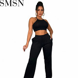 Two piece set women clothing sunken stripe camisole multiple three dimensional lines stitching two piece suit