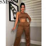 Two piece set women clothing sunken stripe camisole multiple three dimensional lines stitching two piece suit