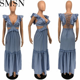 Plus size dress Amazon Quality Dress Sexy Deep V Lace up Wooden Ear Ruffled Vest Dress