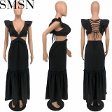 Plus size dress Amazon Quality Dress Sexy Deep V Lace up Wooden Ear Ruffled Vest Dress
