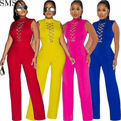 Sexy women jumpsuits women slim fit chain sleeveless high waist lace up solid color casual wide leg jumpsuit
