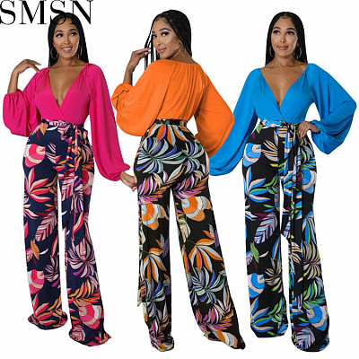 Two piece outfits Amazon solid color deep V top plus printed loose trousers two piece set