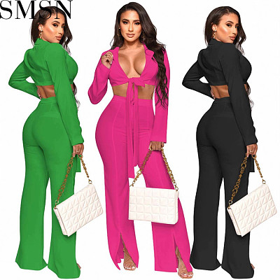 2 piece outfits Amazon new sexy lace up midriff outfit slit pants two piece set women clothing