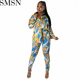 2 piece set women Amazon new fashion cardigan printed top plus two piece pants