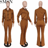 Two piece outfits European and American zipper top Bell bottom pants two piece suit