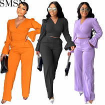 2 piece outfits casual fashion flared sleeves solid color two piece set