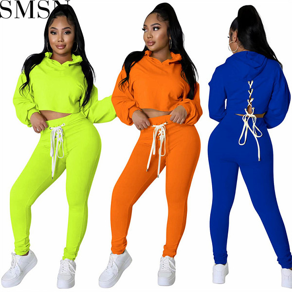 Two piece set women clothing Amazon new fashion tie midriff outfit hoodie two piece set