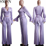 2 piece outfits casual fashion flared sleeves solid color two piece set
