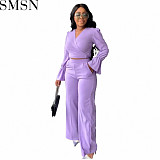 2 piece outfits casual fashion flared sleeves solid color two piece set